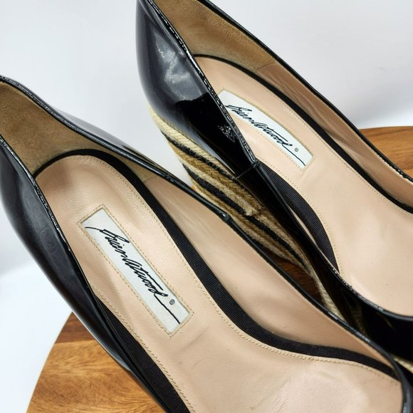 Brian Atwood Wedges Heels 40 Black Tan Cream Patent Leather Peep Toe Espadrilles - Picture 2 of 13